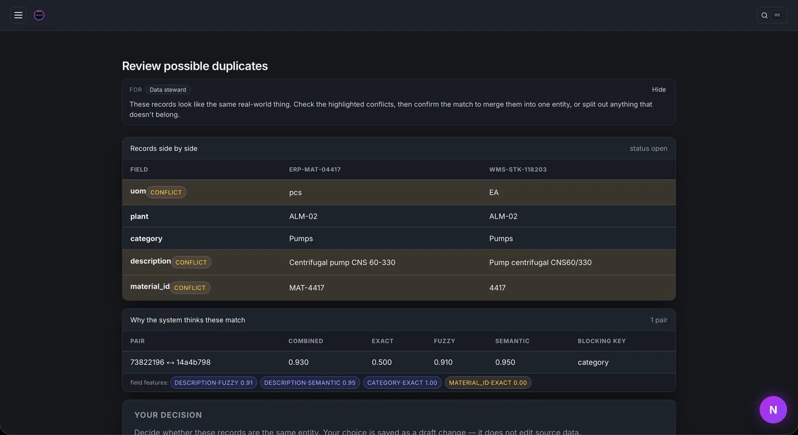 Nexus: two records of the same pump from ERP and warehouse systems side by side, with conflicting fields highlighted for a data steward